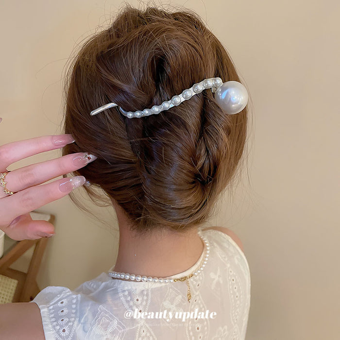 Silver Pearl Geometric Twist Hair Clip Large Pearl