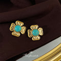 Gold Four Petal Flower Turquoise Cabochon Stud Earrings view 3