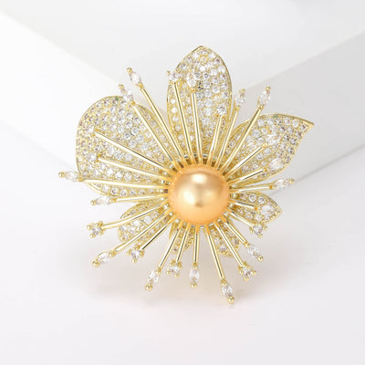 Gold pearl center orchid brooch pave crystal front