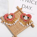 Red Heart Beaded Rhinestone Fringe Stud Earrings With Gold Tassels view 2