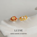Gold Asymmetric Orange Persimmon Pearl Leaf Stud Earrings view 1