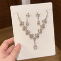 Pink Crystal Flower Necklace Earring Set Silver Tone Teardrop view 2