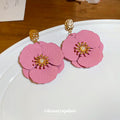 Pink Layered Flower Statement Earrings With Gold Centers view 4