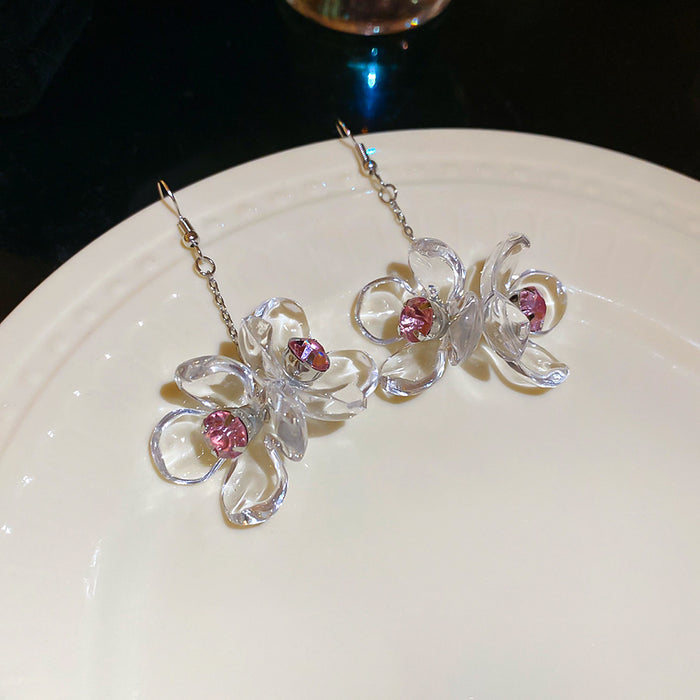 Pink and White Crystal Flower Hook Earrings Fashion Earrings