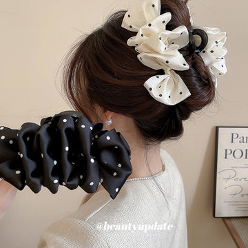 Satin Polka Dot Multi Layer Bow Hair Claw Clip Black White