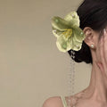 Light Green Fabric Flower Duckbill Hair Clip Pearl Tassel view 3
