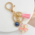 Pearl Beaded Wristlet Keychain with Evil Eye and Glitter Flower Charm view 2