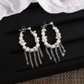 Pearl Look Silver Tone Chain Fringe Open Hoop Earrings view 1