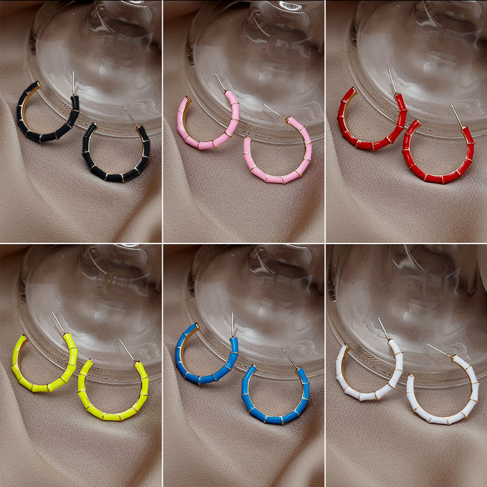 Bamboo Segment C-Shape Enamel Hoop Stud Earrings Six Colors
