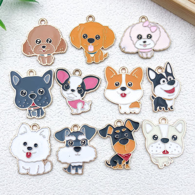 Colorful dog charms arranged on a light background