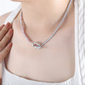 Steel Pink Pearl Clear Zircon Tennis OT Clasp Necklace view 4