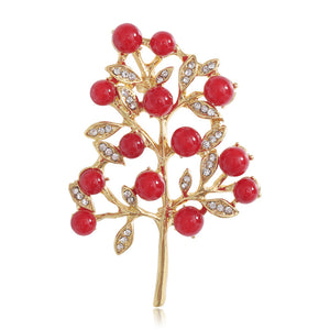 Alloy Berry Branch Brooch with Pearls, Red Beads, Clear Stones