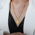 Oval Embossed Flower Pendant Necklaces Gold Steel Figaro Rope view 7