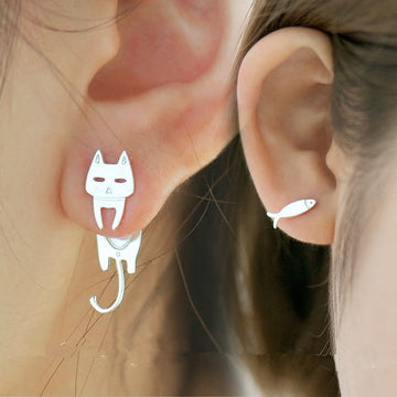 Silver Cat And Fish Mismatched Stud Earrings Metal