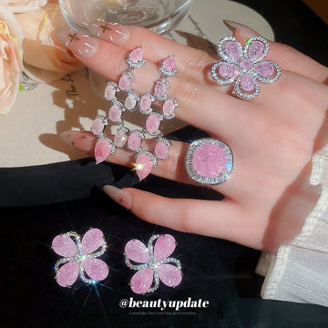 Silver Pink Stone Flower Earrings Rings Four Styles