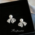Silver Lace Bow Pearl Micro-Set Zircon Stud Earrings view 6