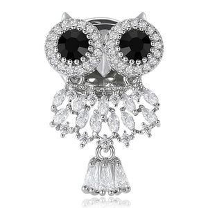 Black Eye Crystal Owl Brooch With Faceted Crystals And Polished Metal Details