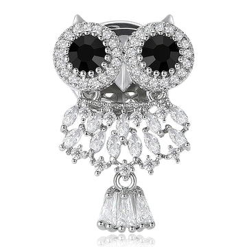 Black Eye Crystal Owl Brooch With Faceted Crystals And Polished Metal Details