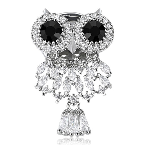 Front view of the black eye crystal owl brooch and its color options