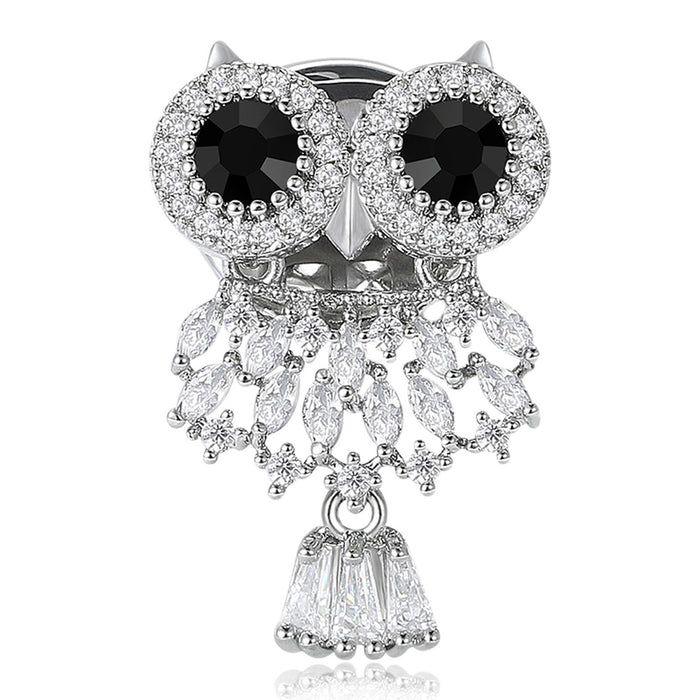 Black Eye Crystal Owl Brooch With Faceted Crystals And Polished Metal Details