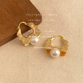 Gold Wavy Flower Open Hoop Earrings Pearl Accent Pair view 4