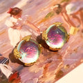 Gold Tone Purple Green Iridescent Round Stone Stud Earrings view 1