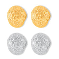 Embossed Flower Oval Stud Earrings Gold Or Steel Finish view 5