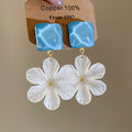 Blue Square and White Flower Drop Stud Earrings With Gold Tone Centers view 6