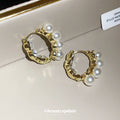 Chunky Gold Tone Hoop Earrings with Pearl Bead Fringe view 2