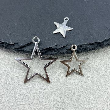 Silver-Tone Star Charm Pendant Open Solid Styles Two Sizes