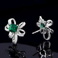 Silver Ribbon Bow Stud Earrings Green Square Stone view 3