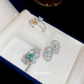 Silver Blue Green Crystal Oval Stud Earrings Matching Rings view 3