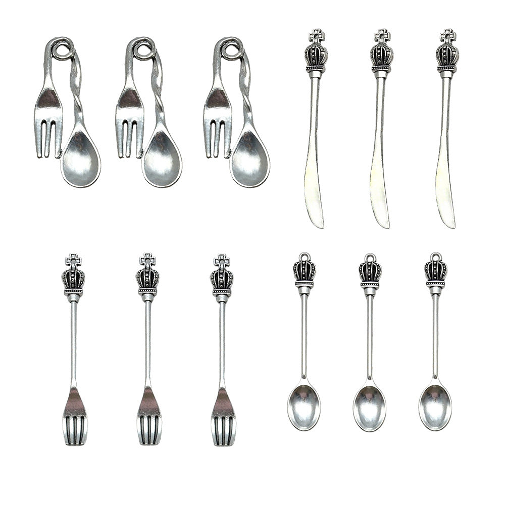 Vintage Zinc Alloy Crown Knife Fork Spoon Charm Pendants for Handmade Jewelry DIY