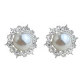 Silver Pearl Stud Earrings Clear CZ Starburst Halo view 5