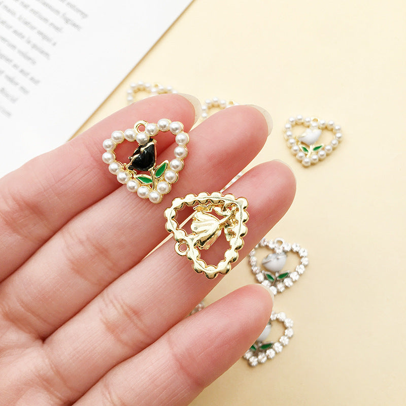 Zinc Alloy Pearl Heart Rose Charm Pendant for DIY Keychain Necklace Earrings