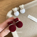 Velvet Bear and Pom Pom Stud Earrings in Red and White view 2