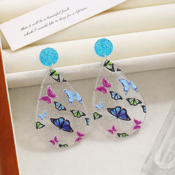 Clear Acrylic Butterfly Teardrop Earrings Blue Glitter Posts