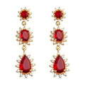 Red Three Tier Cascading Drop Earrings Clear Halo Gold view 5