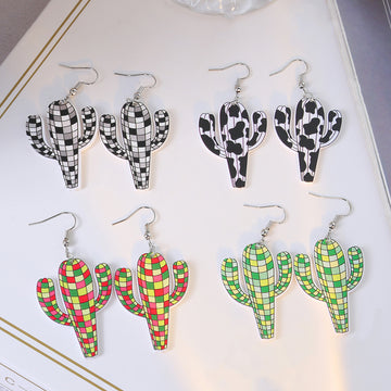 Patterned Acrylic Cactus Long Hook Earrings in Four Styles