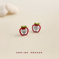 Mini Red Apple Stud Earrings Green Leaf Silver Heart view 1