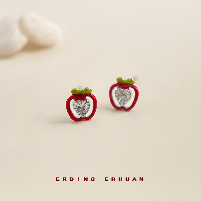 Mini Red Apple Stud Earrings Green Leaf Silver Heart