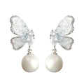 Silver Tone Clear Butterfly And White Pearl Drop Stud Earrings view 5