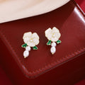 Three Color Camellia Flower Pearl Look Dangle Stud Earrings view 6
