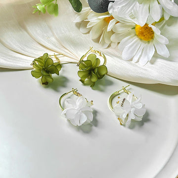 White and Green Translucent Flower Cluster Huggie Earrings