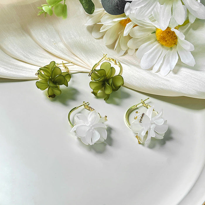 White and Green Translucent Flower Cluster Huggie Earrings