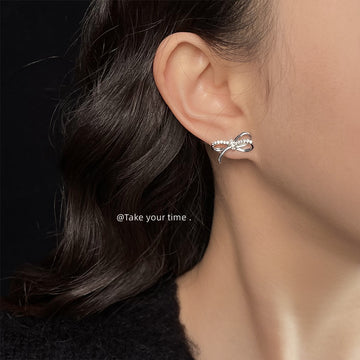 Crystal Pave Bow Stud Earrings Silver Rose Gold Tones