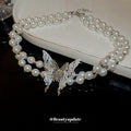 Double Strand Pearl Choker Silver Lace Butterfly Center view 2