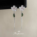 Silver Tone White Flower Pink Center Green Leaf Chain Stud Earrings view 3