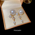 Gold Tone Double Pearl Front Back Stud Earrings Statement Pair view 2