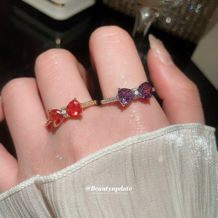 Bow Twin Pear Stone Open Ring Gold Red Silver Purple